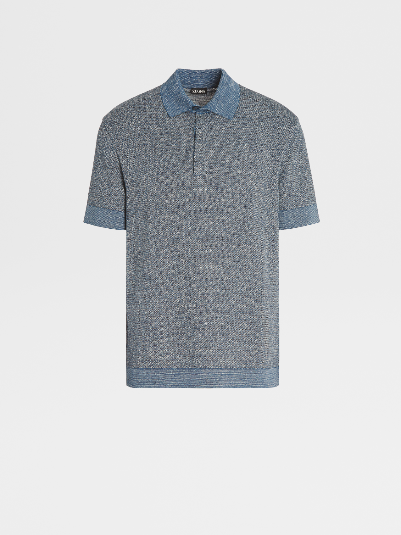 Teal Blue Jacquard Cotton Linen and Silk Short-sleeve Polo